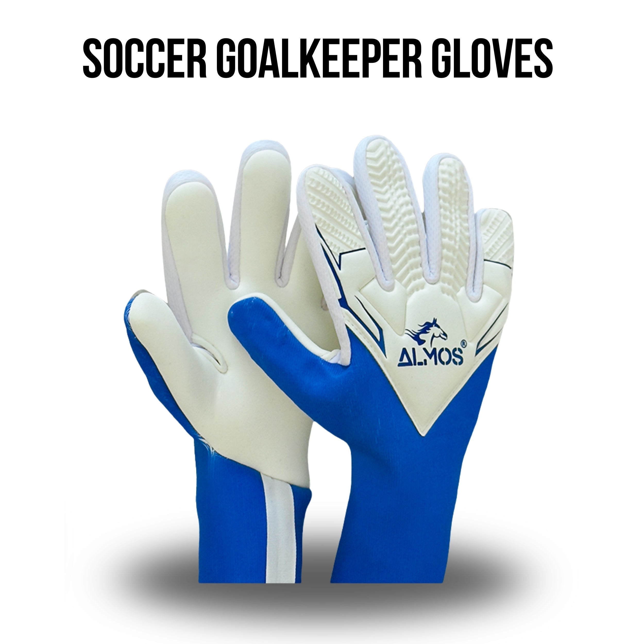 Almos Soccer Max Gel Goalkeeper Gloves – Blue & White | Sizes 7, 8, 9