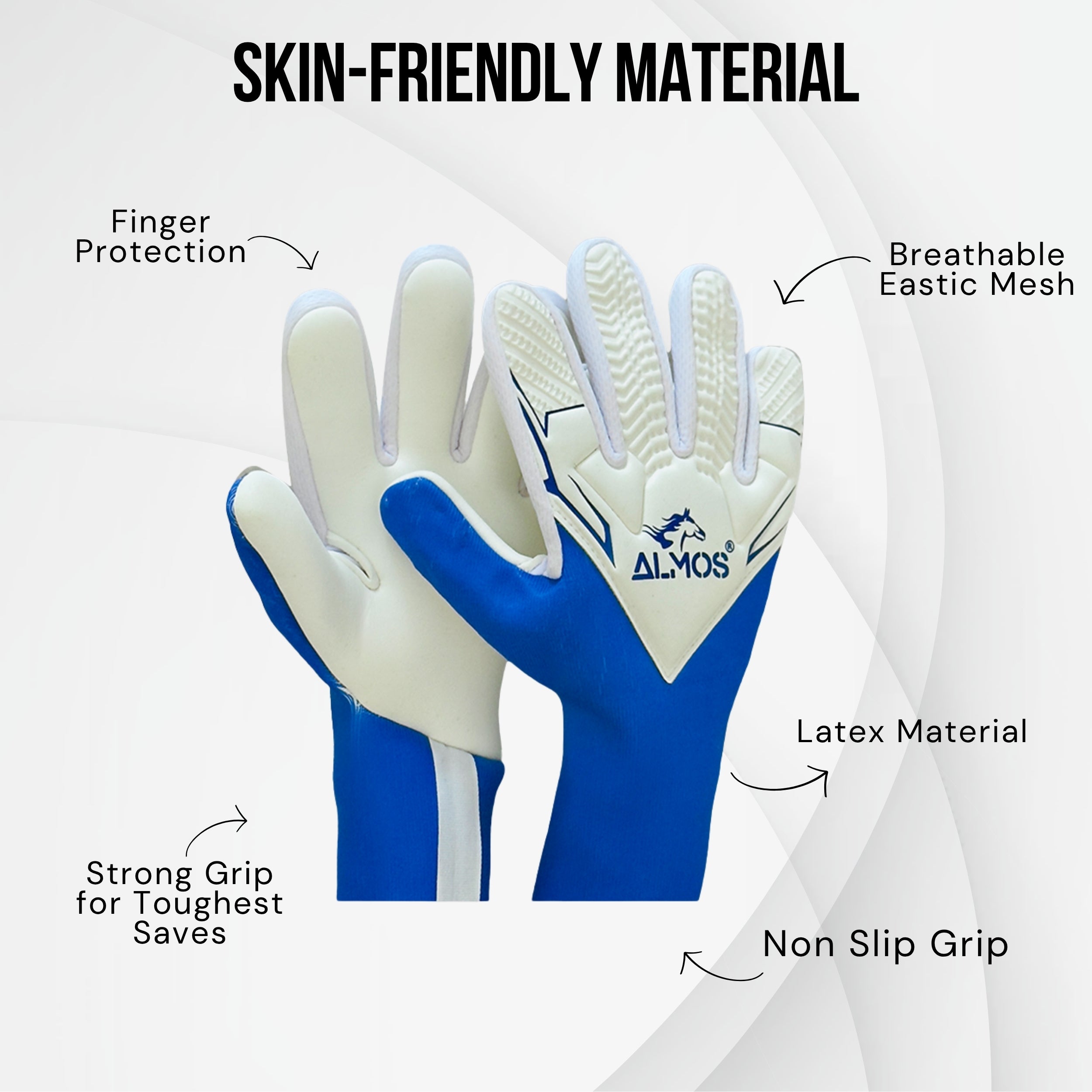 Almos Soccer Max Gel Goalkeeper Gloves – Blue & White | Sizes 7, 8, 9