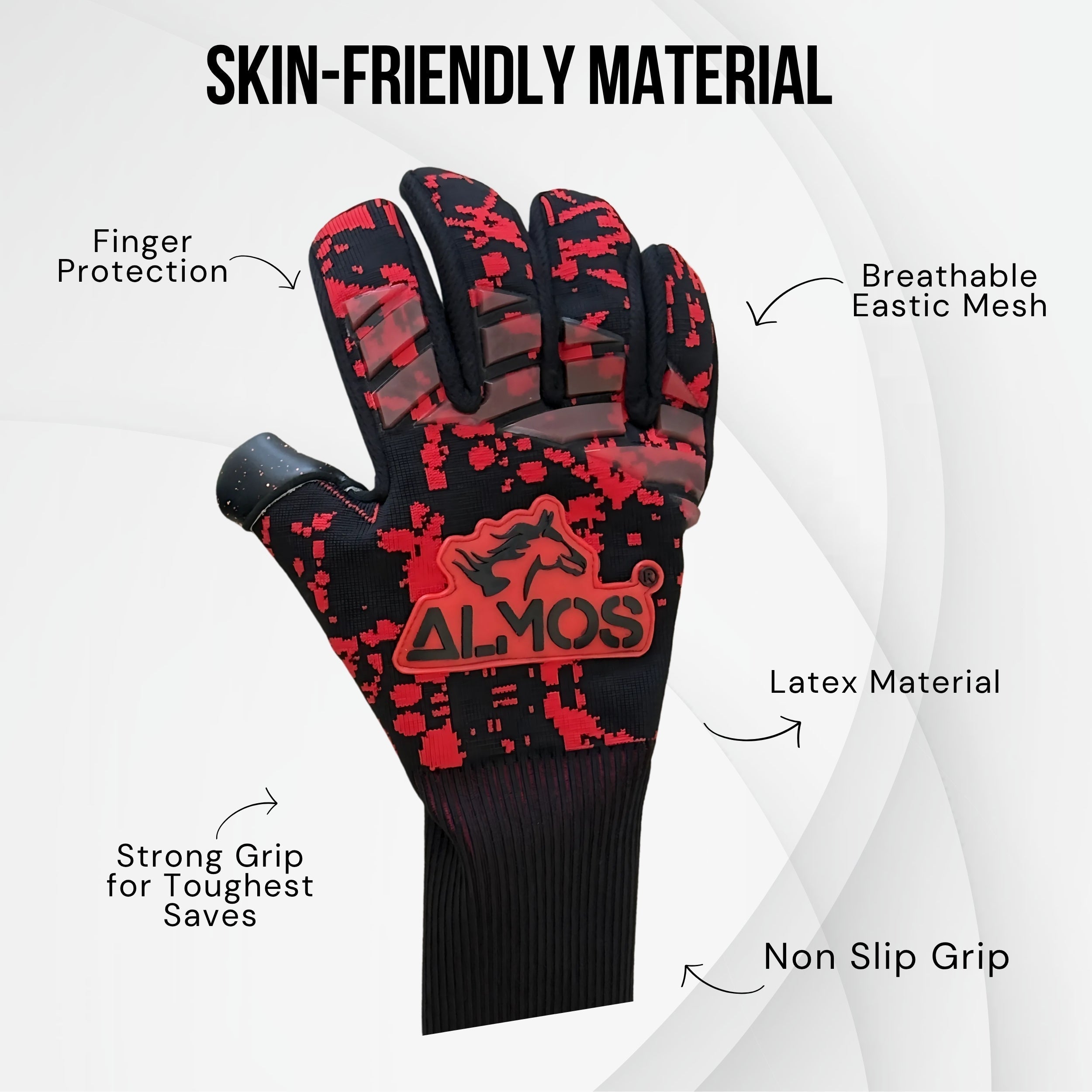 Almos Soccer Max Pro Gel Goalkeeper Gloves – Red & Black | Sizes 7–9